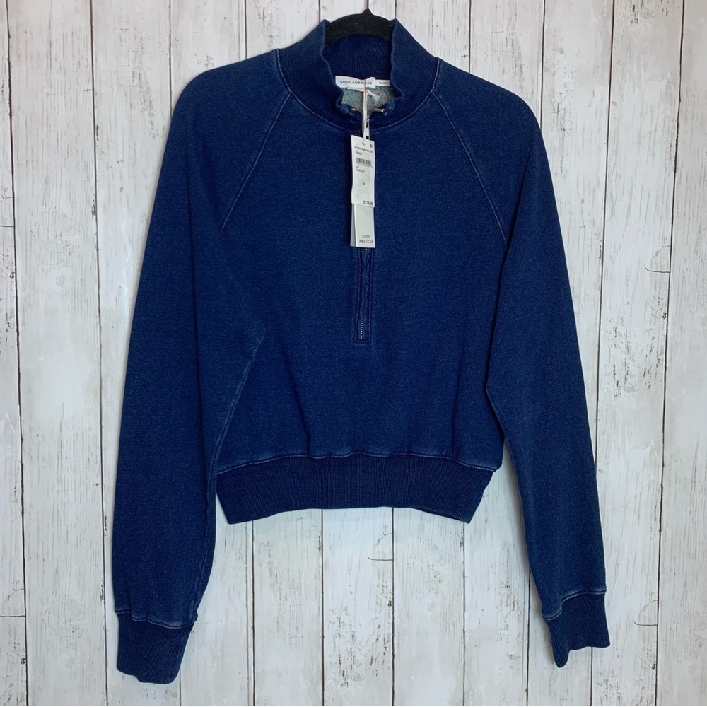 Good American Jeanius Mock Zip Pullover French Terry M Sweatshirt 100% Cotton - Picture 2 of 9